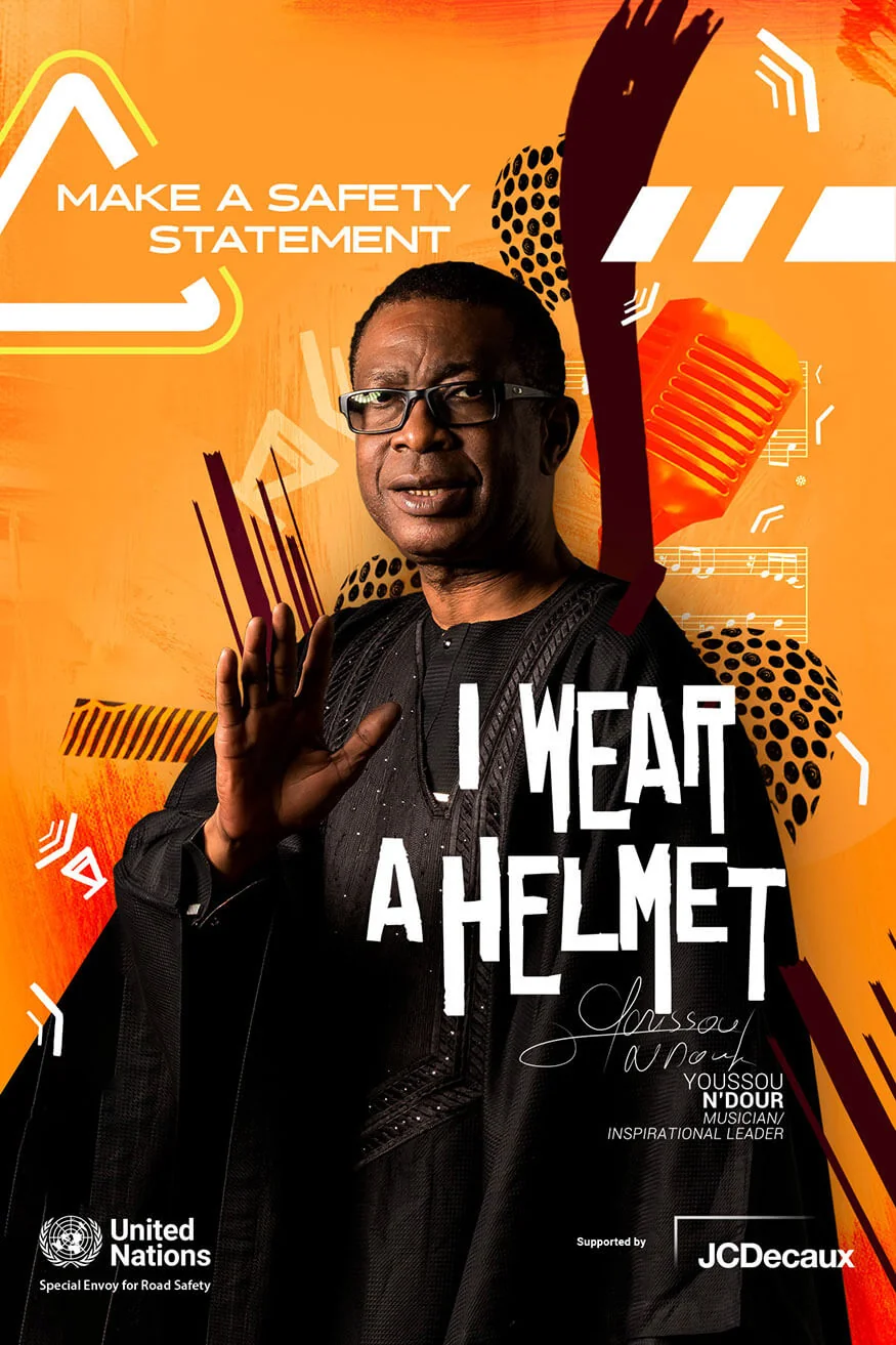 Affiche Make a Safety Statement avec le portrait de Youssou N’Dour photographié par Hani Kanaftchian